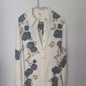 Free People Cream Button Down Shirt with Black and Gold Floral Design